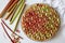 Beautiful elegant and delicious Rhubarb - Strawberry geometric pie against white background