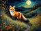 A beautiful and elegant fox with moonlit and colorful wildflowers, at a whimsical valley, night scene, painting, fantasy art