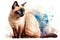 Beautiful and elegant Siamese cat with a seal point coloration and blue eyes. Watercolor realistic illustration on a