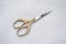 Beautiful elegant silver scissors with pattern for sewing, manicure scissors on white fabric