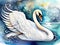 A beautiful and elegant white swan in a lake, watercolor style with ink elements, wallart, painting, animal creatures, portrait
