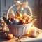 Beautiful and elegant white wicker basket decorated with ribbon.