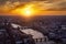 Beautiful, elevated sunset behind the skyline of London