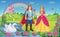 Beautiful elf Princess, Prince, Swan. King and Queen. Fairytale background. Flower meadow, castle, rainbow, lake. Wonderland.