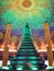 Beautiful Emerald Pagoda with colorful wall painting, Thailand