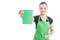 Beautiful employee with apron showing green blank page