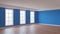 Beautiful Empty Interior with Blue Walls, Three Large Windows, Glossy Parquet
