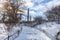 Beautiful Empty Winter Steps up a Hill at Central Park Covered with Snow in New York City