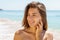 Beautiful Engaged Young Woman Portrait With Engagement Diamond Ring Feeling Happy On Beach