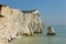 Beautiful English coast Seaford East Sussex England uk with white chalk cliffs, waves and blue sky
