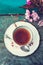 Beautiful, English, vintage teacup with Japanese cherry tree blossoms, close up