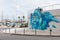 The beautiful entrance to the Cascais Marina, a blue logo on the building