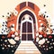 of a beautiful entrance to a Christian church with flowers. Generative AI