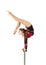 Beautiful equilibrist in a red and black suit, performs exercises on acrobatic canes