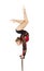 Beautiful equilibrist in a red and black suit, performs exercises on acrobatic canes