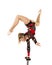 Beautiful equilibrist in a red and black suit, performs exercises on acrobatic canes