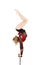 Beautiful equilibrist in a red and black suit, performs exercises on acrobatic canes