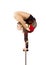 Beautiful equilibrist in a red and black suit, performs exercises on acrobatic canes