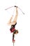 Beautiful equilibrist in a red and black suit, performs exercises on acrobatic canes