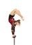 Beautiful equilibrist in a red and black suit, performs exercises on acrobatic canes