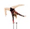 Beautiful equilibrist in a red and black suit, performs exercises on acrobatic canes