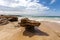 Beautiful eroded rock formations on ocean coastline.