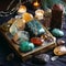 Beautiful esoteric and mystical altar for meditation with crystals and semi-precious stones