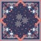 Beautiful ethnic shawl with paisley ornament, mandalas - snowflakes, little stars and garden flowers on dark blue background.