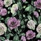 Beautiful eustoma flowers lisianthus with leaves and closed buds on black background. Seamless floral pattern.