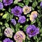 Beautiful eustoma flowers lisianthus with leaves and closed buds on black background. Seamless floral pattern.