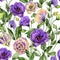 Beautiful eustoma flowers lisianthus with leaves and closed buds on white background. Seamless floral pattern.