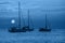 Beautiful evening blue Adriatic sea, yachts and early morning sky, Croatia. Evening seascape. Trendy Banner with color of the year