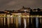 Beautiful evening cityscape view with water reflections. Old buildings on Sodermalm in Stockholm Sweden.