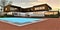 Beautiful evening in a cozy yard of the contemporary dwelling with pool. Red brick paving around. 3d rendering