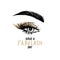 Beautiful eye with long black lashes, Golden eyeshadow, brows. Have a fabulash day - Vector Handwritten quote.