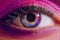 Beautiful eyes of the girl, space. Lenses for eye space. Cosmos in the eyes of the girl. Girl with trandy pink make up. Mysterious