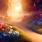 Beautiful Fabulous mystical Paradise Garden, mysterious Fairy Tale Summer floral Background. Generative AI