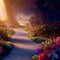 Beautiful Fabulous mystical Paradise Garden, mysterious Fairy Tale Summer floral Background. Generative AI