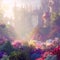 Beautiful Fabulous mystical Paradise Garden, mysterious Fairy Tale Summer floral Background. Generative AI