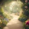 Beautiful Fabulous mystical Paradise Garden, mysterious Fairy Tale Summer floral Background. Generative AI