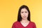 Beautiful face of sad woman serious and crying facial expression feeling depressed isolated on yellow background