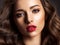 Beautiful face of young woman with red lipstick. Portrait of a stunning sexy girl looks at camera. Attractive model with stylish