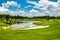 Beautiful fairway sand bunkers and lake in the golf course northern of Thailand