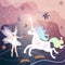 Beautiful fairy girl meets white unicorn in magic forest, where leaves and butterflies fly