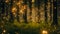 Beautiful fairy-tale dense forest with burning fireflies in background, generated ai