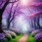 A beautiful fairytale enchanted forest with big trees and great Digital painting background