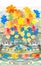 Beautiful fairytale landscape with houses and trees from big colorful flowers. Seamless pattern. Perfect design for kids room