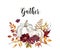 Beautiful fall pastel pumpkins arrangement on white background. White pumpkin floral decor with red and burgundy leaves, flowers