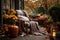 Beautiful fall residential backyard terrace with outdoor chairs, cozy autumn vibes