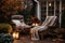 Beautiful fall residential backyard terrace with outdoor chairs, cozy autumn vibes